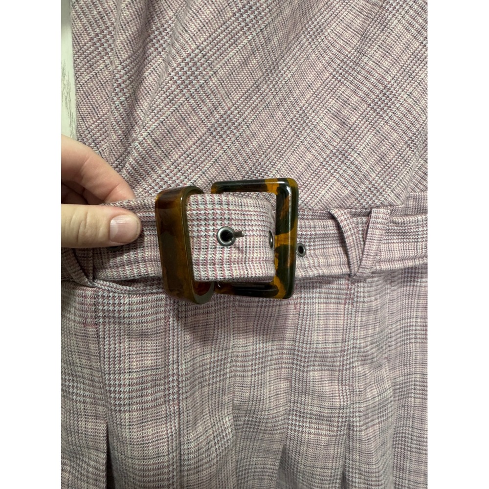 Free People Mauve Plaid Puff Sleeve Open Back Pleated Mini Dress with Belt XS - Picture 6 of 11